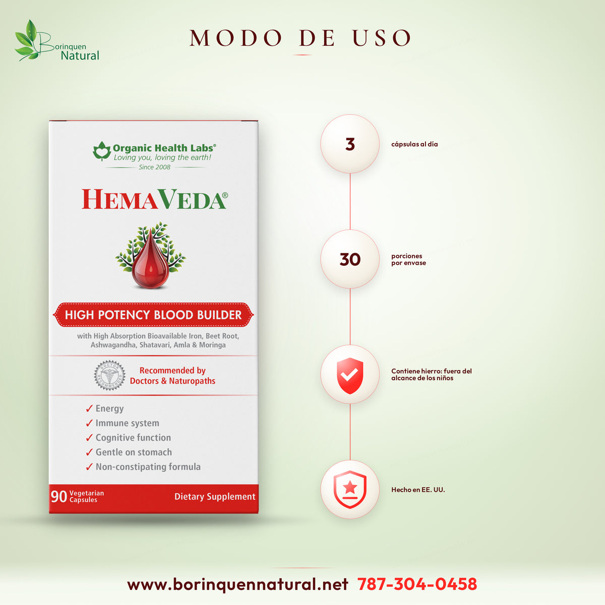 Blood Builder HemaVeda con Hierro 18 mg, B12 y Folato, 90 Cápsulas de Organic Health Labs — etiqueta con los ingredientes