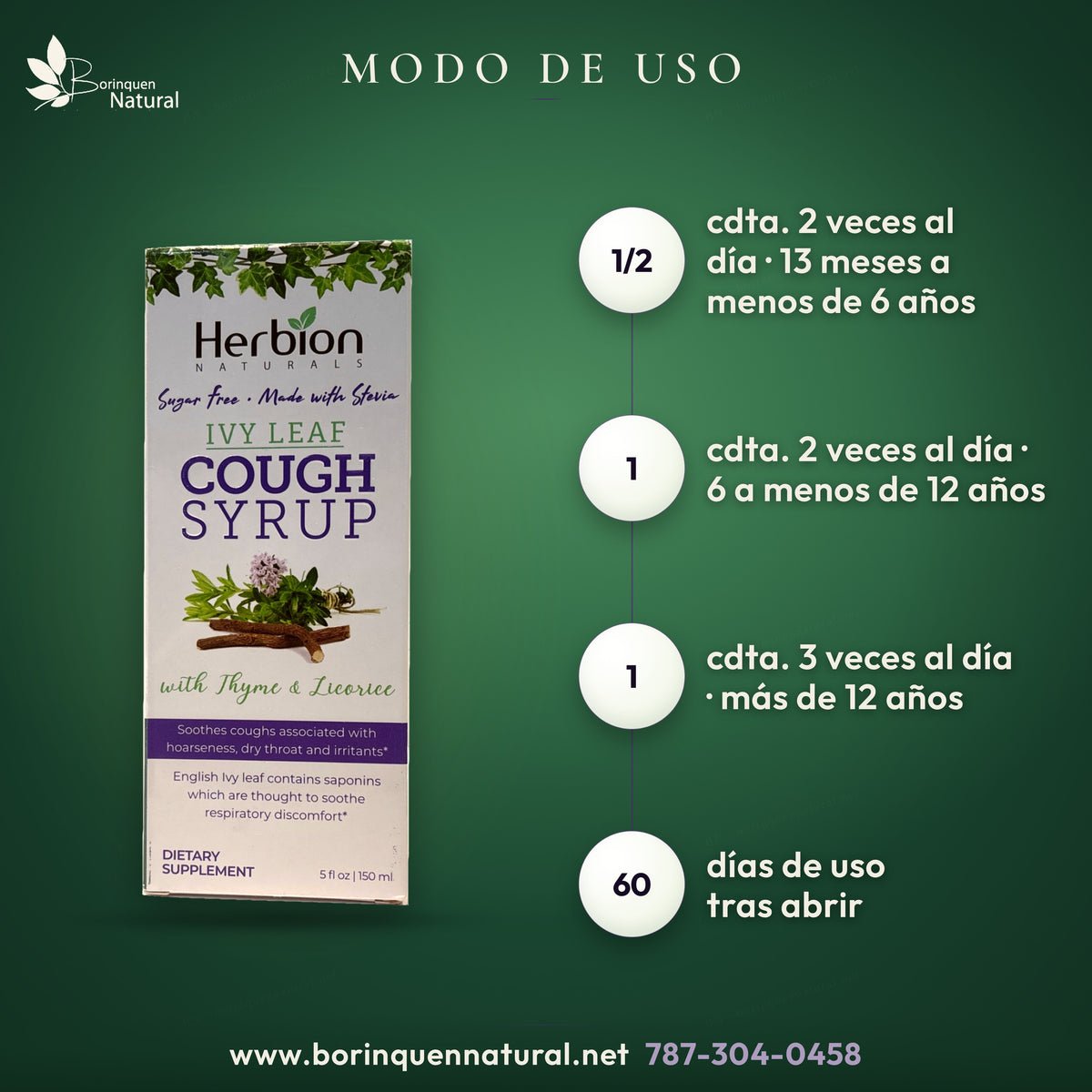 Uso impreso de Herbion: cantidades según edad, agitar antes de usar y consumir dentro de 60 días de abrir.