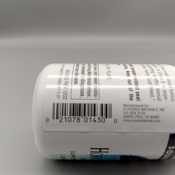 Horny Goat Weed 1000 mg Source Naturals, frasco de 60 tabletas — vista lateral (foto de archivo)