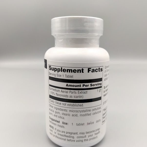 Horny Goat Weed 1000 mg Source Naturals, frasco de 60 tabletas — etiqueta con los ingredientes (foto de archivo)