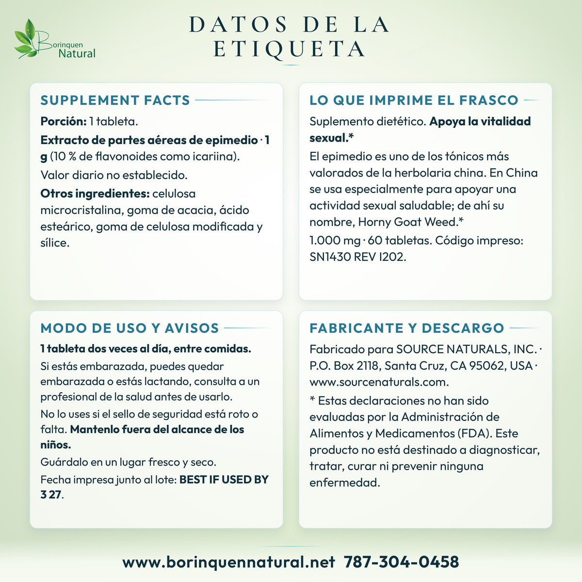 Datos de la etiqueta del Horny Goat Weed: vitalidad sexual, uso y descargo de la FDA