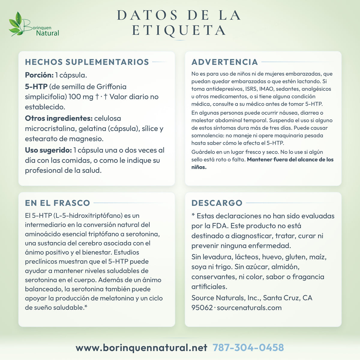 Datos de la etiqueta del 5-HTP de Source Naturals: hechos suplementarios, uso, advertencia y lo que dice el frasco