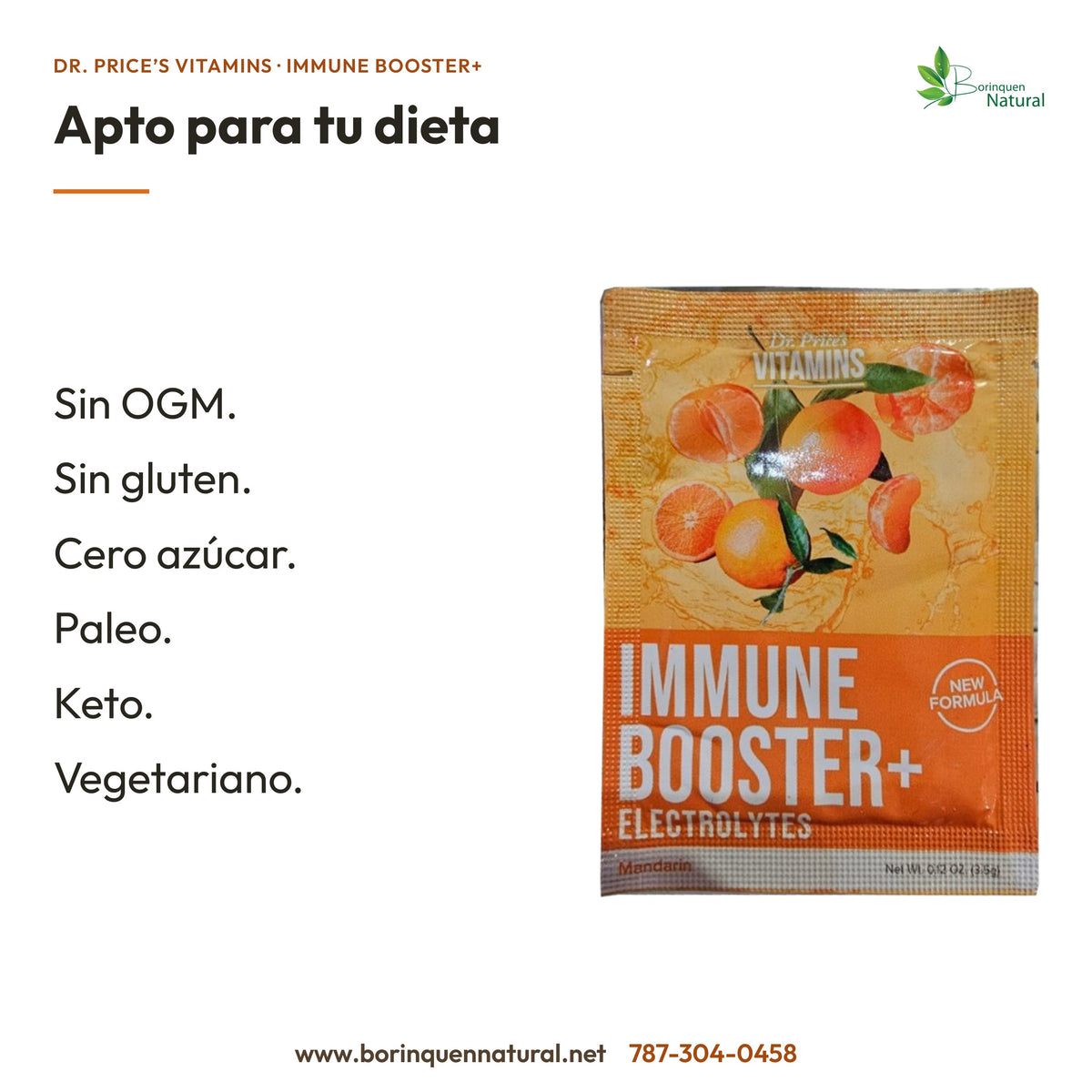 Immune Booster+ Dr. Price’s: sin OGM, sin gluten, cero azúcar, Paleo, Keto y vegetariano.