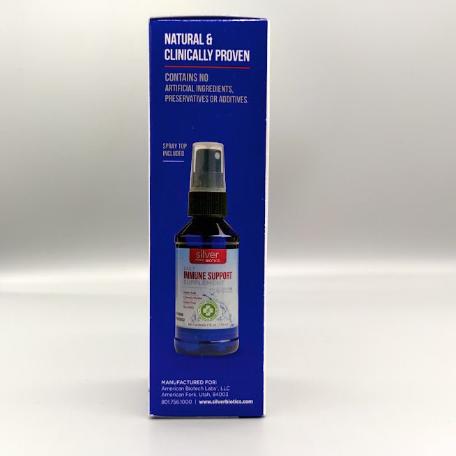 Caja del spray Immune Support de Silver Biotics con plata SilverSol de 4 oz — vista posterior del envase