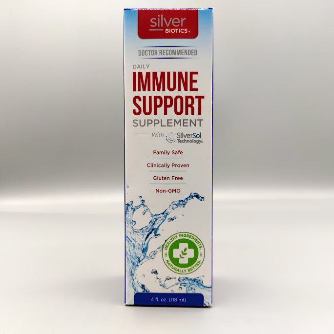 Caja del spray Immune Support de Silver Biotics con plata SilverSol de 4 oz