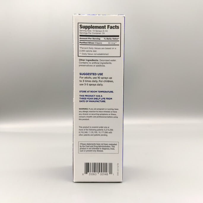 Caja del spray Immune Support de Silver Biotics con plata SilverSol de 4 oz — etiqueta con los ingredientes