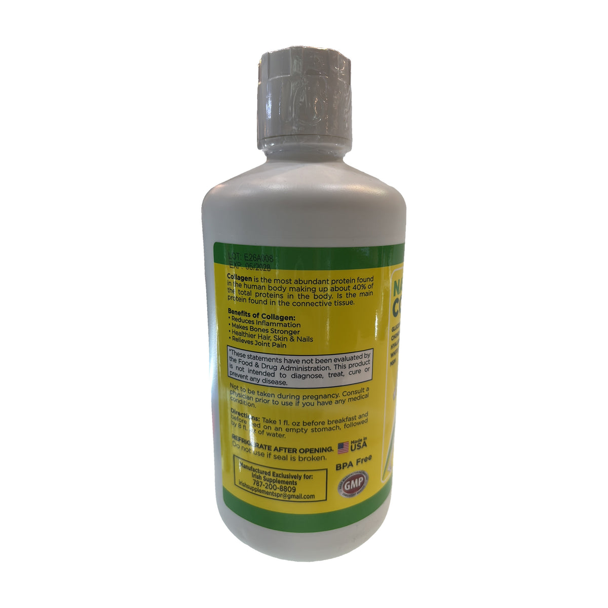 Colágeno líquido Irish Supplements 32 fl oz, dorso con modo de uso y avisos (foto de archivo)
