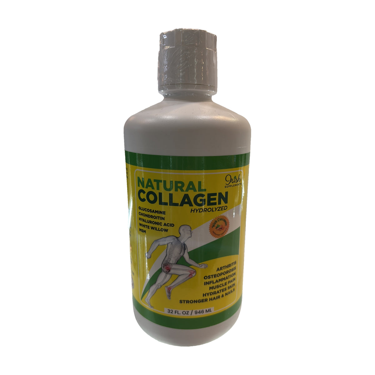 Colágeno líquido Irish Supplements 32 fl oz, frente del envase (foto de archivo)