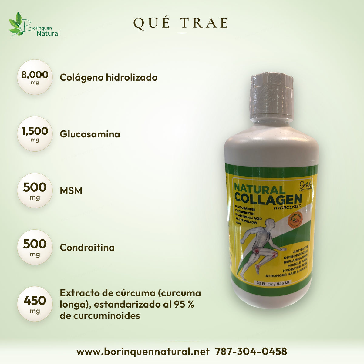 Qué trae Irish, 1 de 2: colágeno 8,000 mg, glucosamina 1,500 mg, MSM y condroitina 500 mg, cúrcuma al 95 % de curcuminoides
