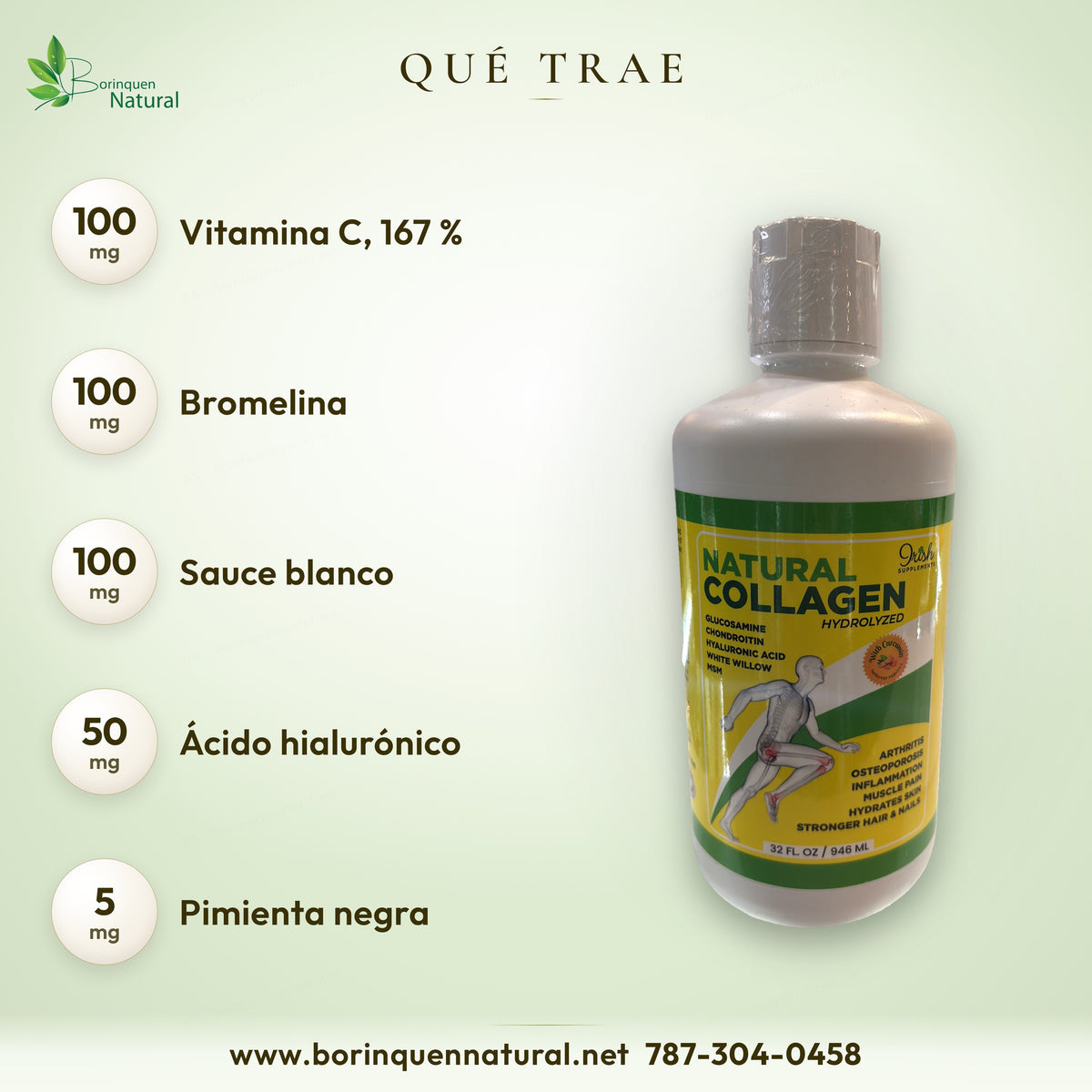 Qué trae Irish, 2 de 2: vitamina C 100 mg, 167 %, bromelina y sauce blanco 100 mg, ácido hialurónico 50 mg, pimienta 5 mg