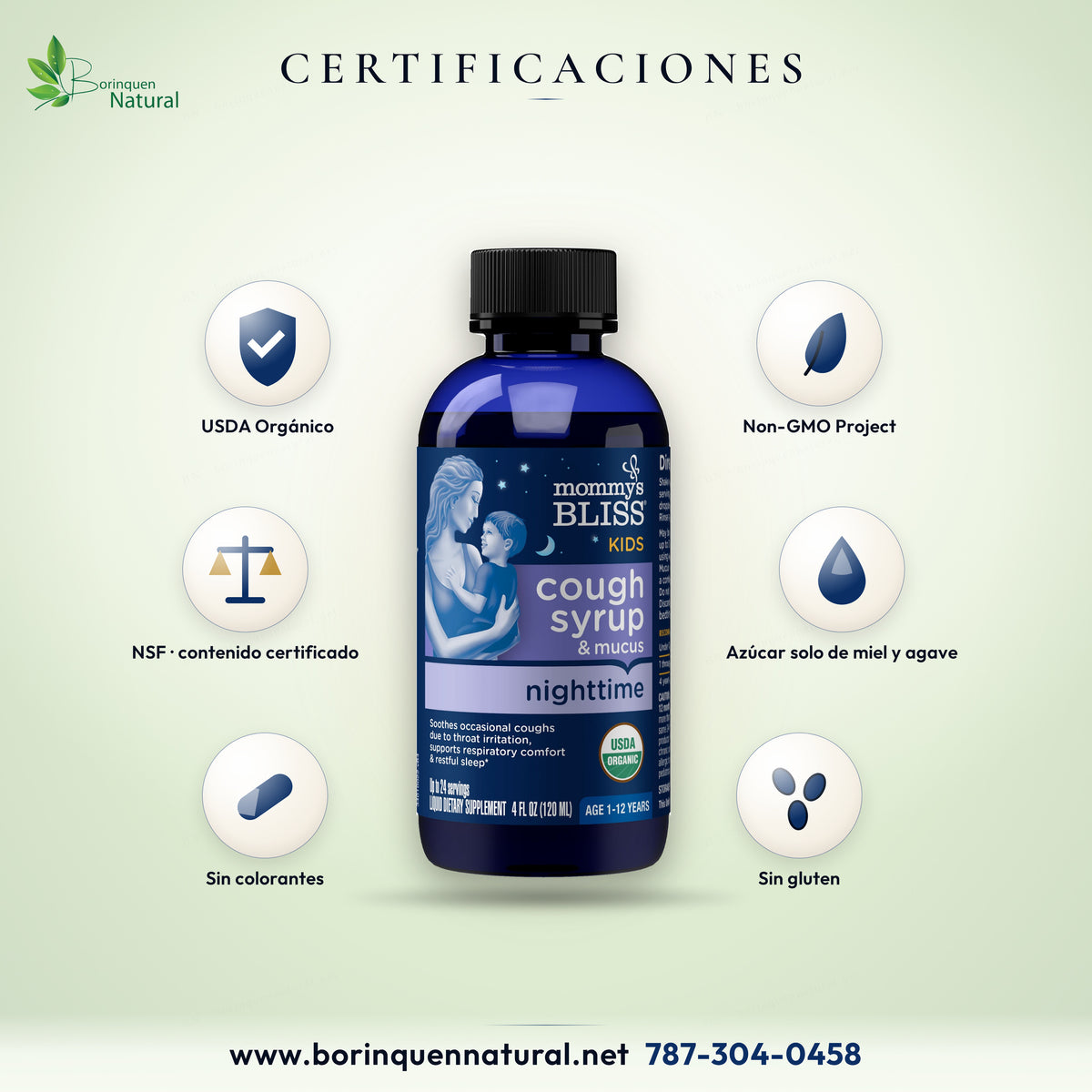 Jarabe de noche Mommy's Bliss certificado orgánico por el USDA, verificado Non-GMO Project, contenido certificado por NSF, sin colorantes ni gluten