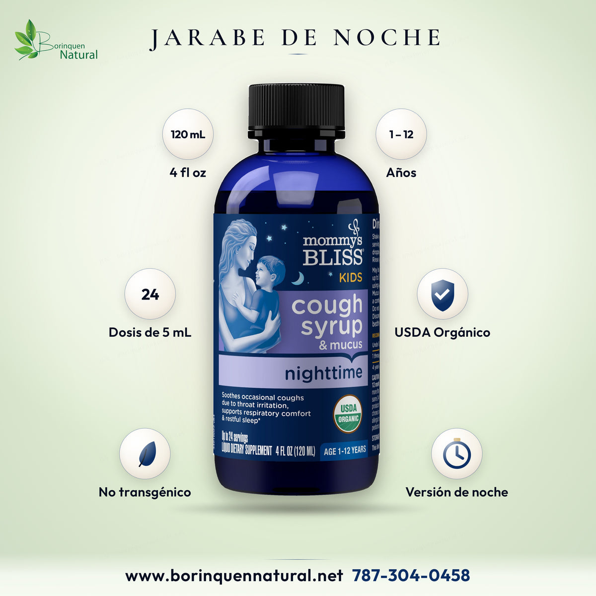 Jarabe de tos y mucosidad Mommy's Bliss para niños versión de noche, frasco de 120 mL certificado orgánico por el USDA, con miel y agave orgánicos, para niños de 1 a 12 años