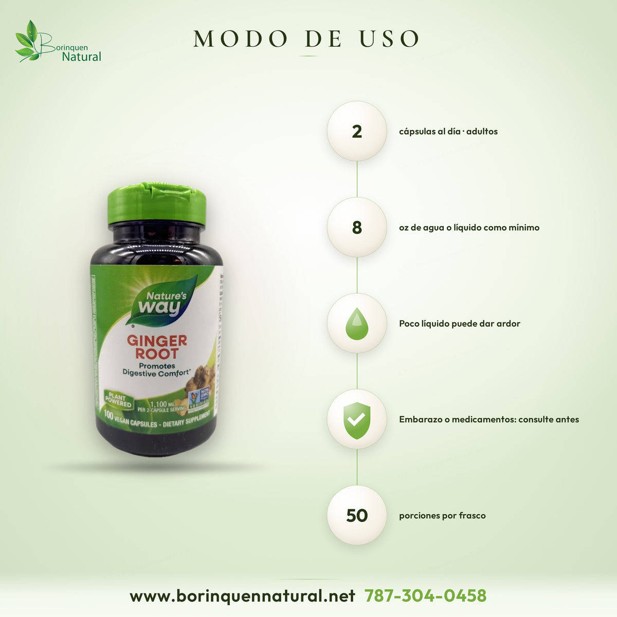Modo de uso del jengibre de Nature's Way: adultos, 2 cápsulas al día con un vaso lleno de agua