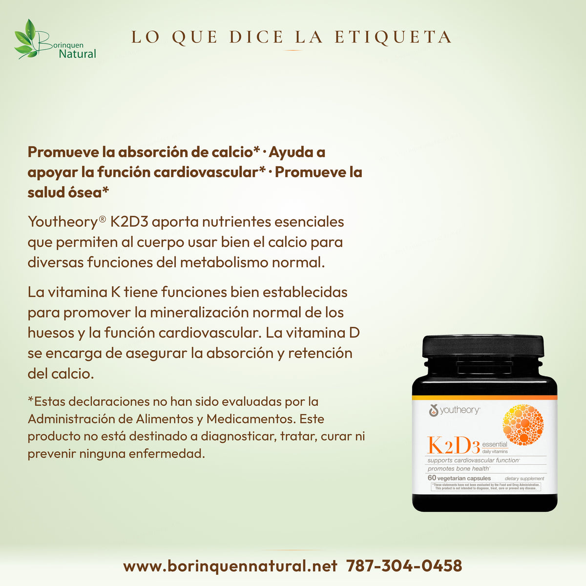 Lo que dice la etiqueta de K2D3 Youtheory: calcio, función cardiovascular y salud ósea, con aviso de la FDA