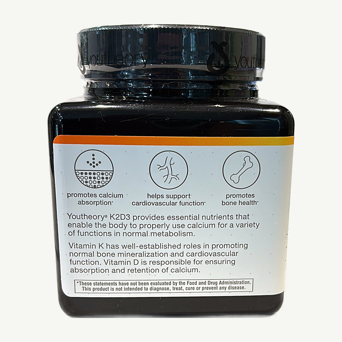 Foto real del dorso de K2D3 Youtheory: absorción de calcio, función cardiovascular, salud ósea y aviso de la FDA.