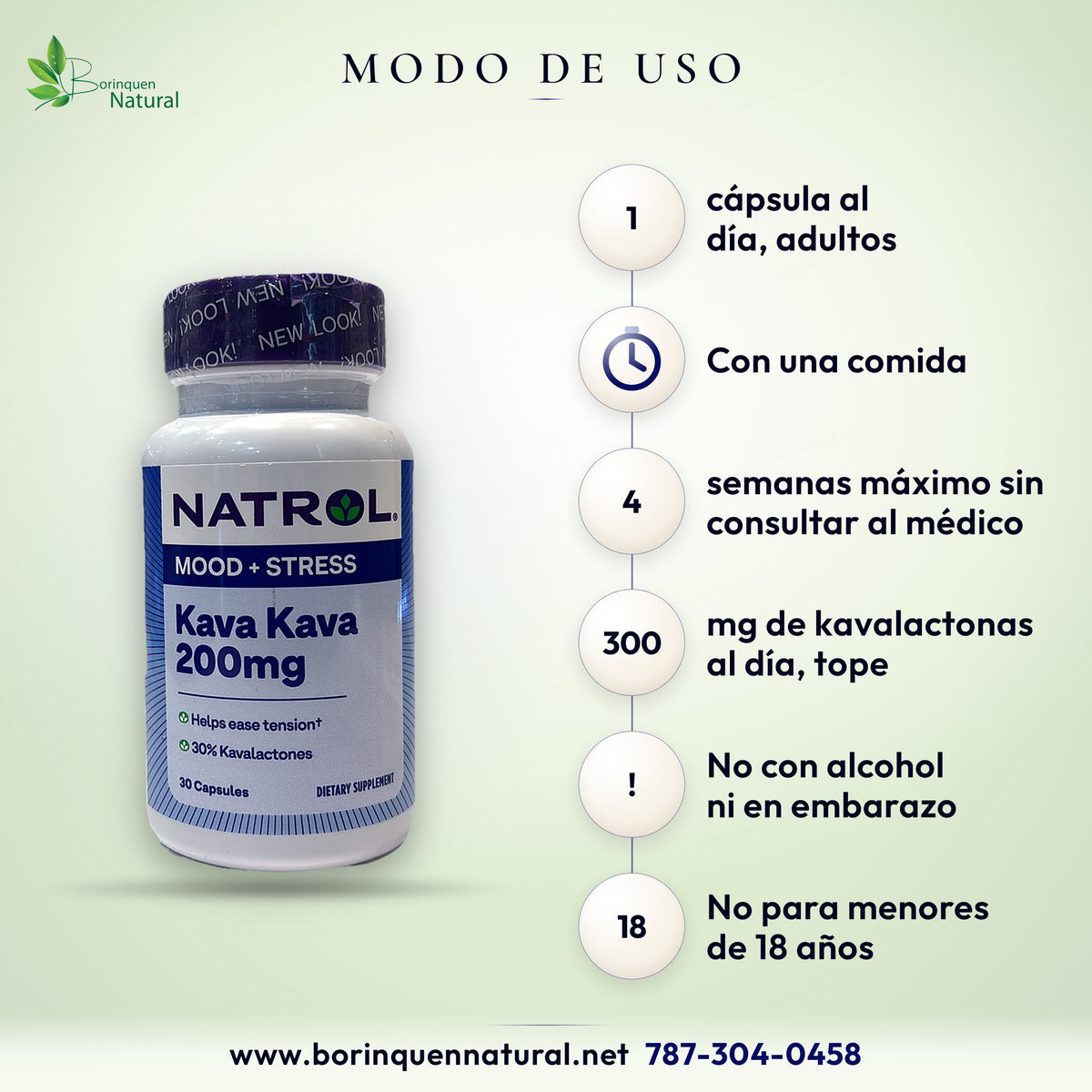 Modo de uso del Kava Kava Natrol: adultos, 1 cápsula al día con una comida; lea toda la etiqueta antes de usar
