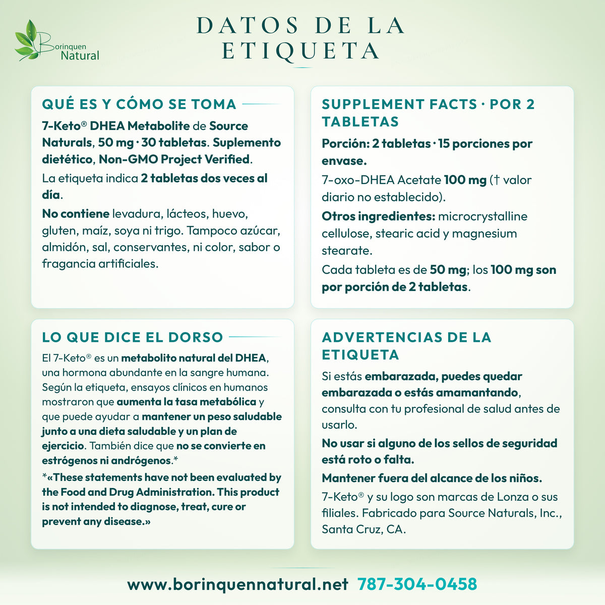 Etiqueta de 7-Keto de Source Naturals: Supplement Facts, modo de uso, otros ingredientes y advertencias