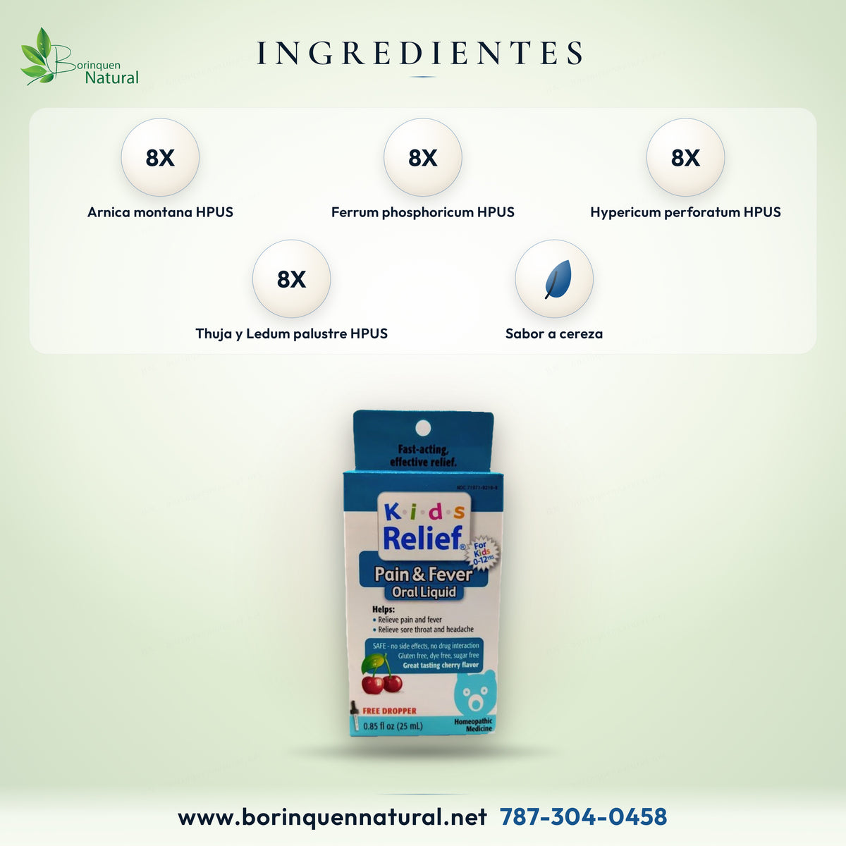 Ingredientes de Kids Relief Pain & Fever: Arnica montana, Ferrum phosphoricum, Hypericum, Thuja y Ledum 8X HPUS