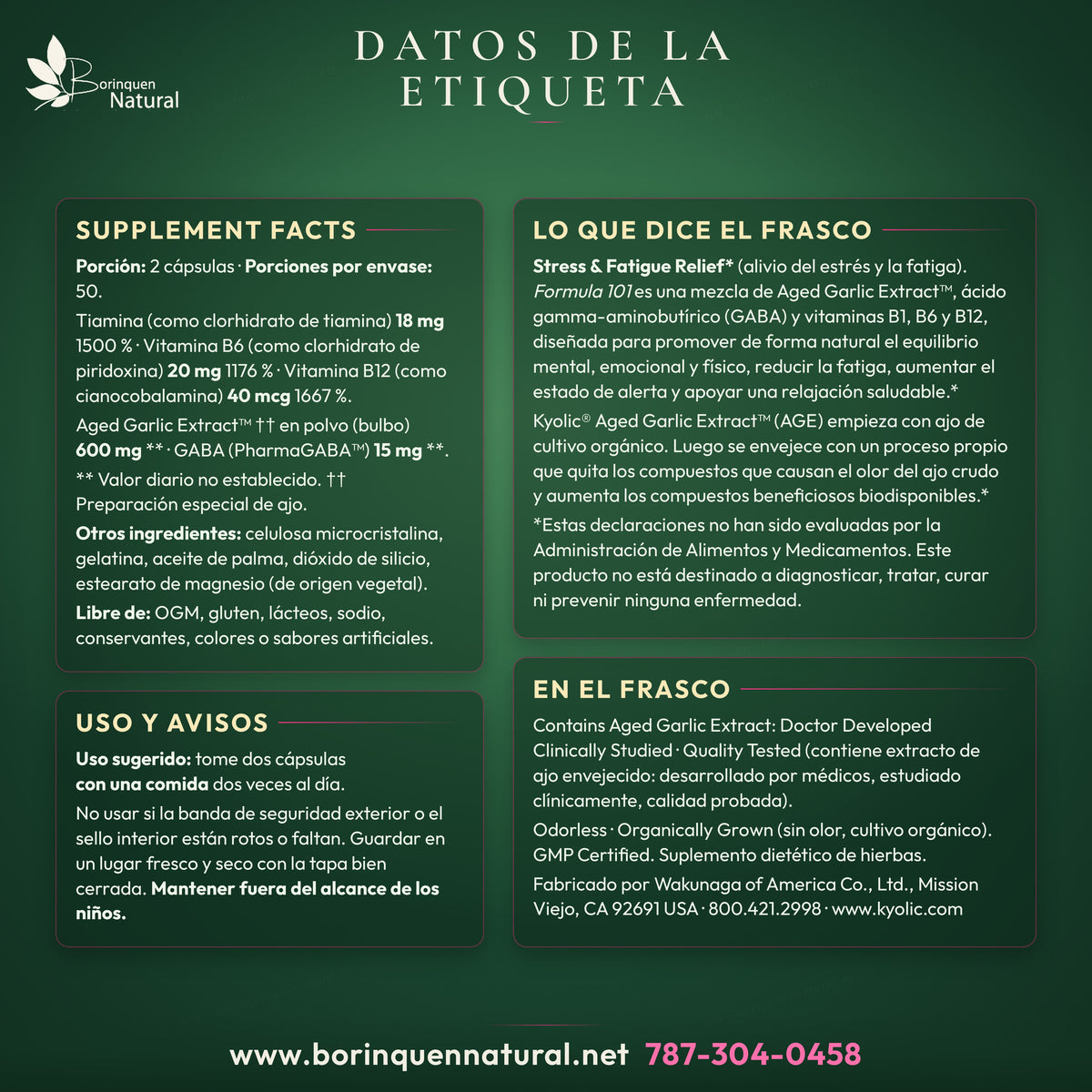 Datos de la etiqueta de Kyolic Formula 101: Supplement Facts, uso, avisos y lo que dice el frasco