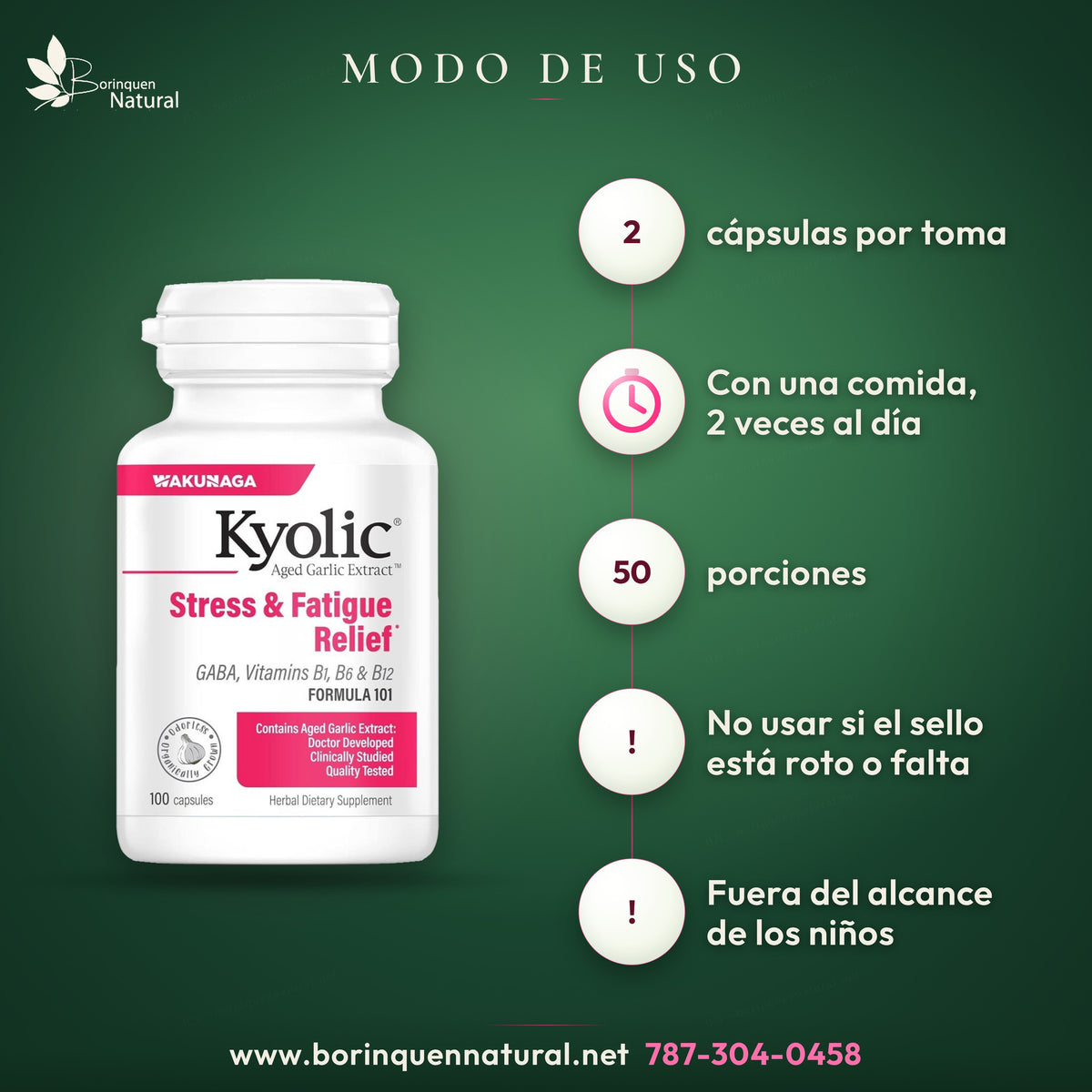 Modo de uso de Kyolic Formula 101: 2 cápsulas con una comida, dos veces al día
