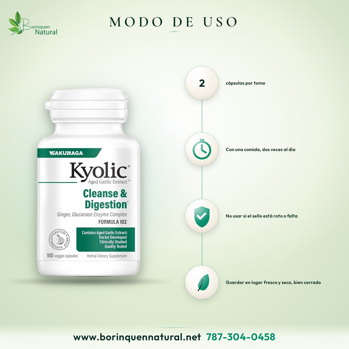 Modo de uso del Kyolic Formula 102: tomar dos cápsulas con una comida dos veces al día