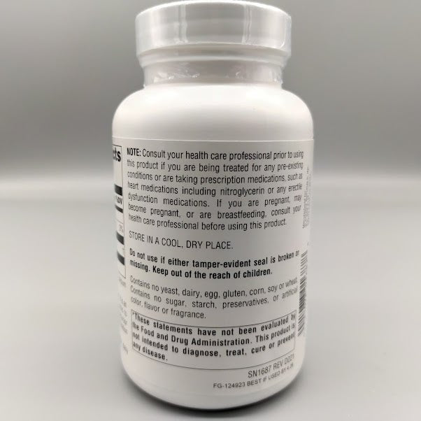 L-Arginina 500 mg Source Naturals Forma Libre, 100 Cápsulas — vista posterior del envase