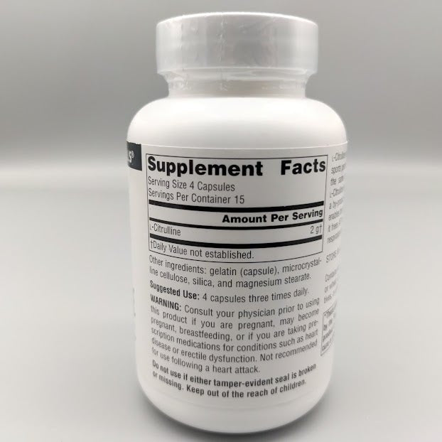 L-Citrulina 500 mg Source Naturals, frasco de 60 cápsulas — etiqueta con los ingredientes