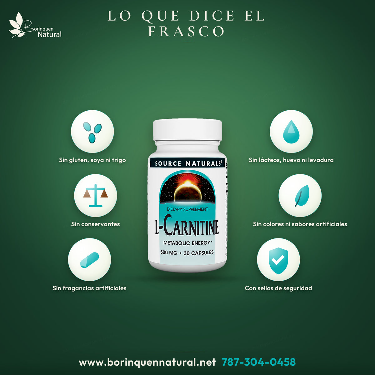 L-Carnitine de Source Naturals: sin levadura, lácteos, huevo, gluten, soya ni trigo, sin conservantes ni colores, sabores o fragancias artificiales