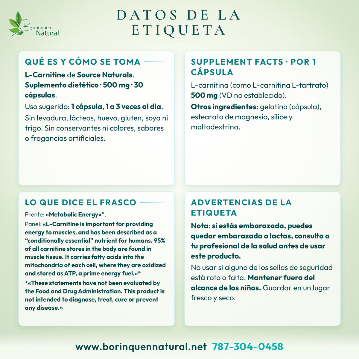 Datos de la etiqueta de L-Carnitine de Source Naturals: Supplement Facts, modo de uso, lo que dice el frasco y advertencias
