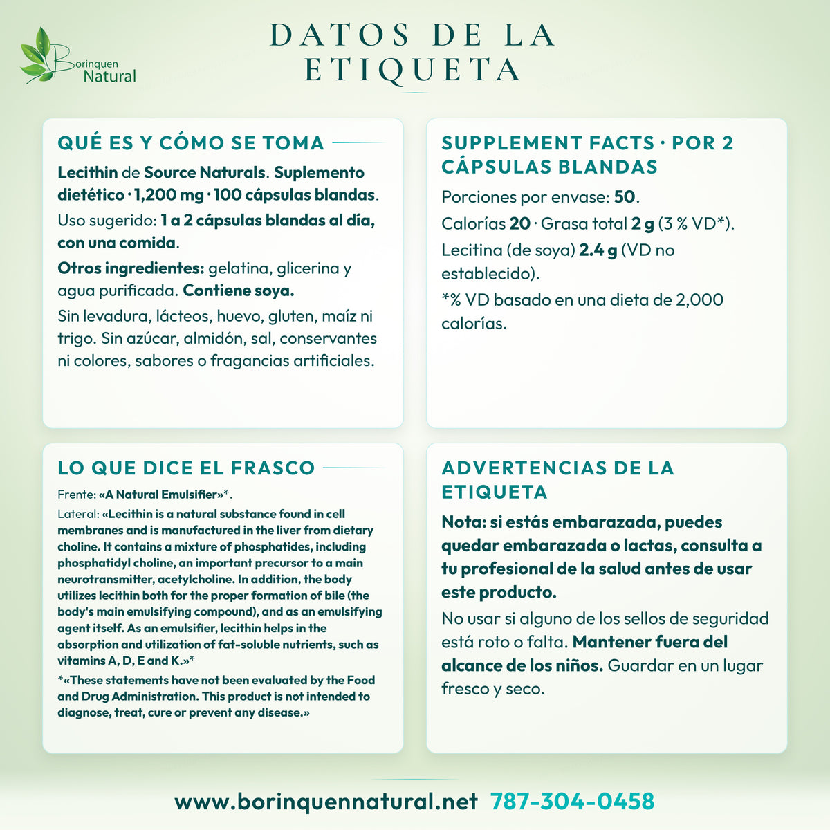Datos de la etiqueta de Lecithin de Source Naturals: Supplement Facts, modo de uso, lo que dice el frasco y advertencias