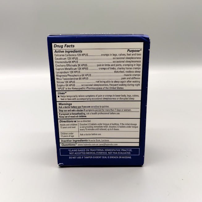 Hyland's Leg Cramps PM 50 tabletas homeopáticas para calambres nocturnos — etiqueta con los ingredientes