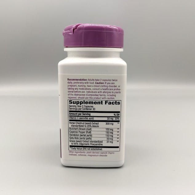 Leg Veins Nature's Way, frasco de 60 cápsulas veganas para las venas de las piernas — etiqueta con los ingredientes