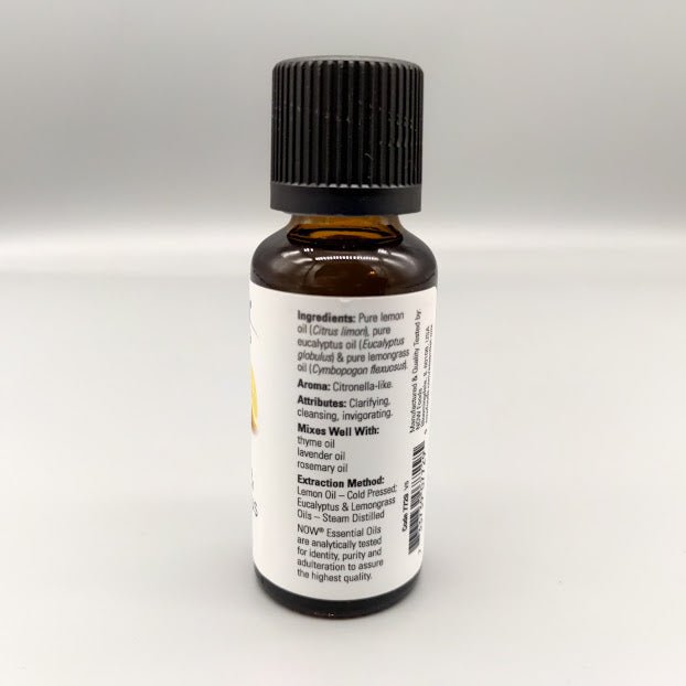 NOW Lemon and Eucalyptus Blend 1 oz aceite esencial — etiqueta con los ingredientes