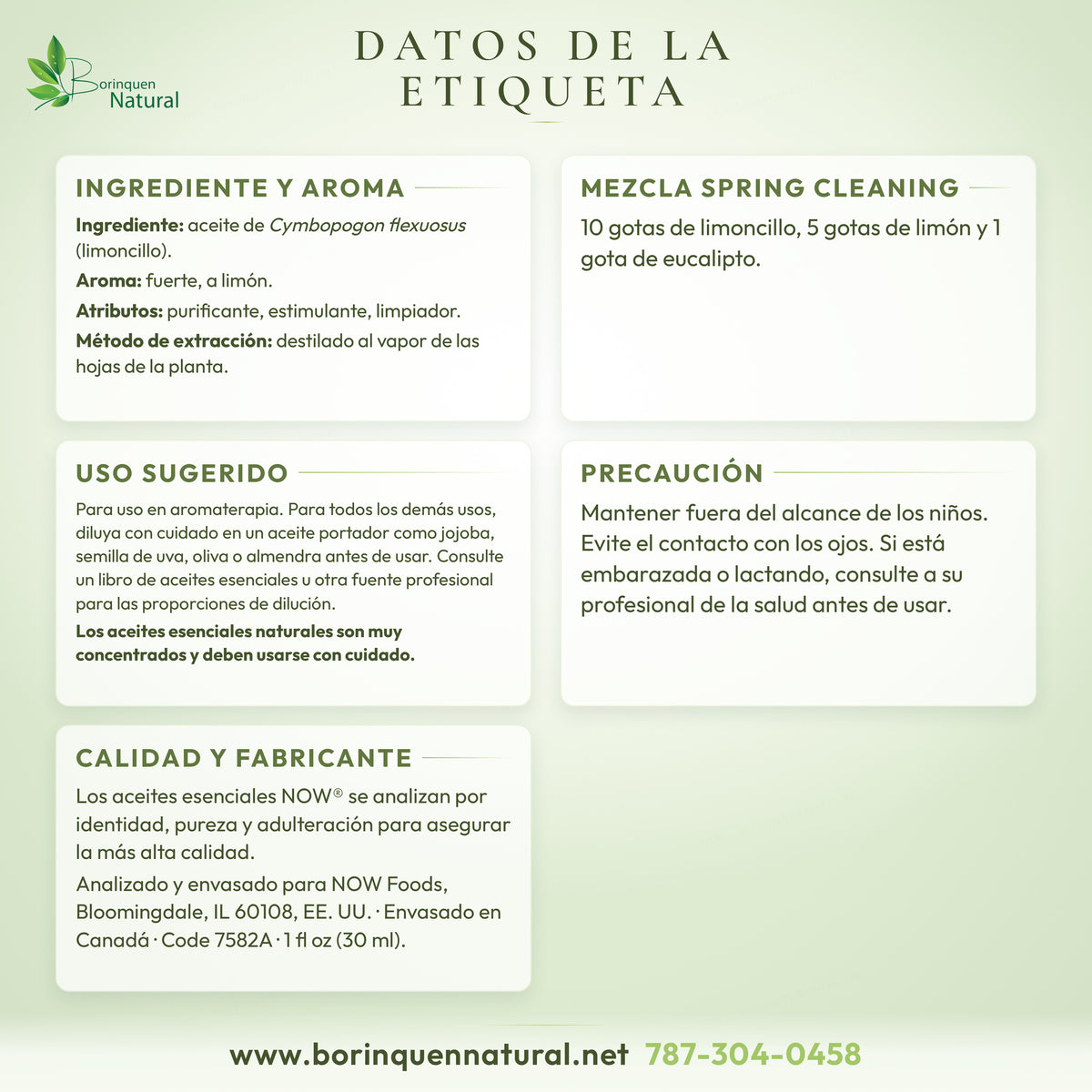 Datos de la etiqueta del aceite de limoncillo NOW: ingrediente, aroma, uso sugerido y precaución