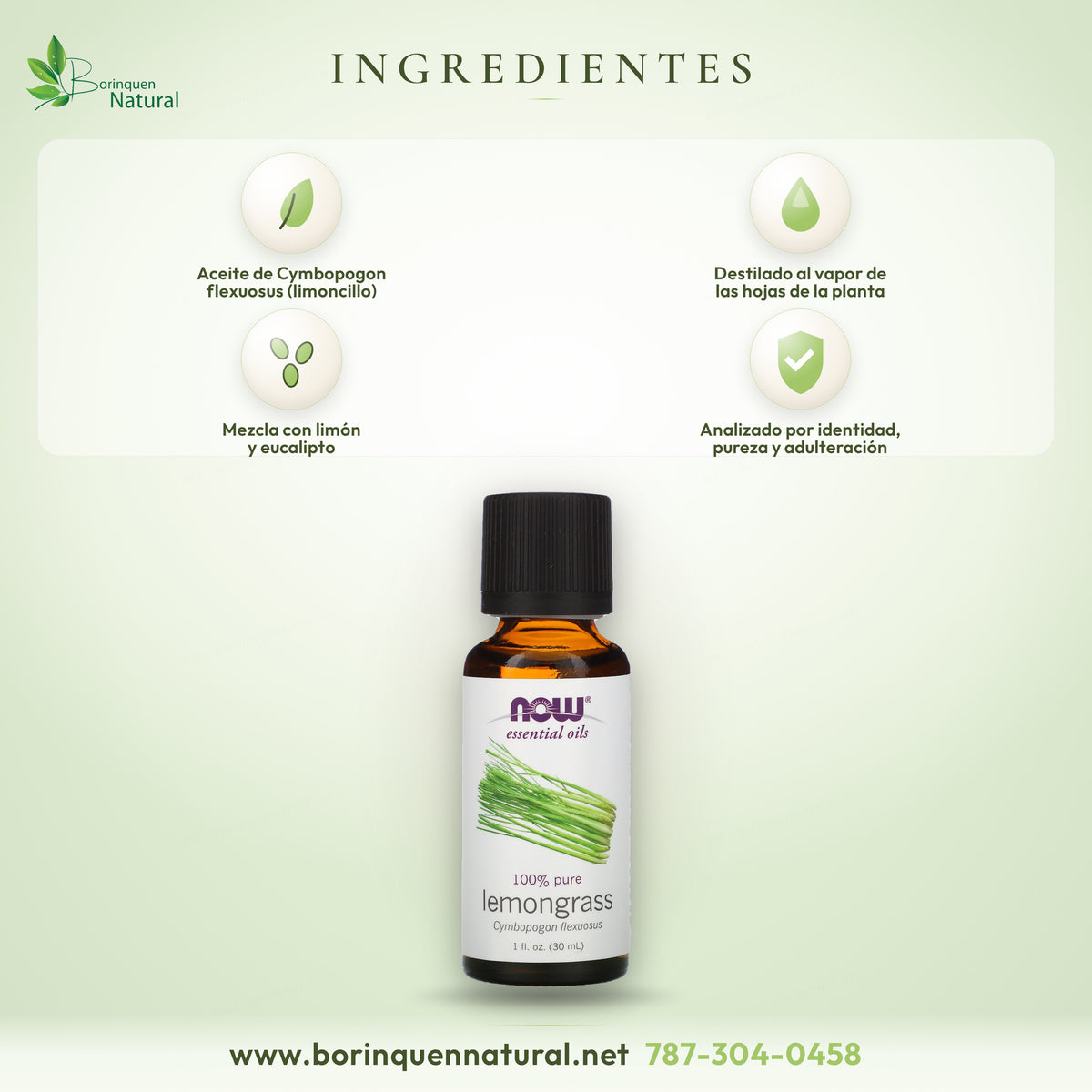 Ingrediente del aceite de limoncillo NOW: aceite de Cymbopogon flexuosus destilado al vapor de las hojas