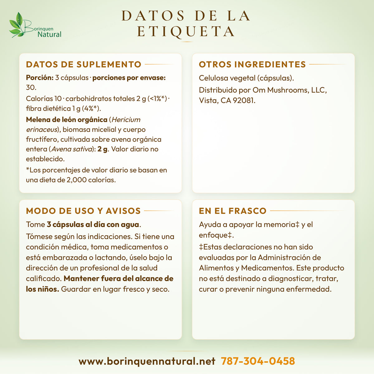 Datos de la etiqueta del Lion's Mane de Om: datos de suplemento, otros ingredientes, modo de uso y avisos