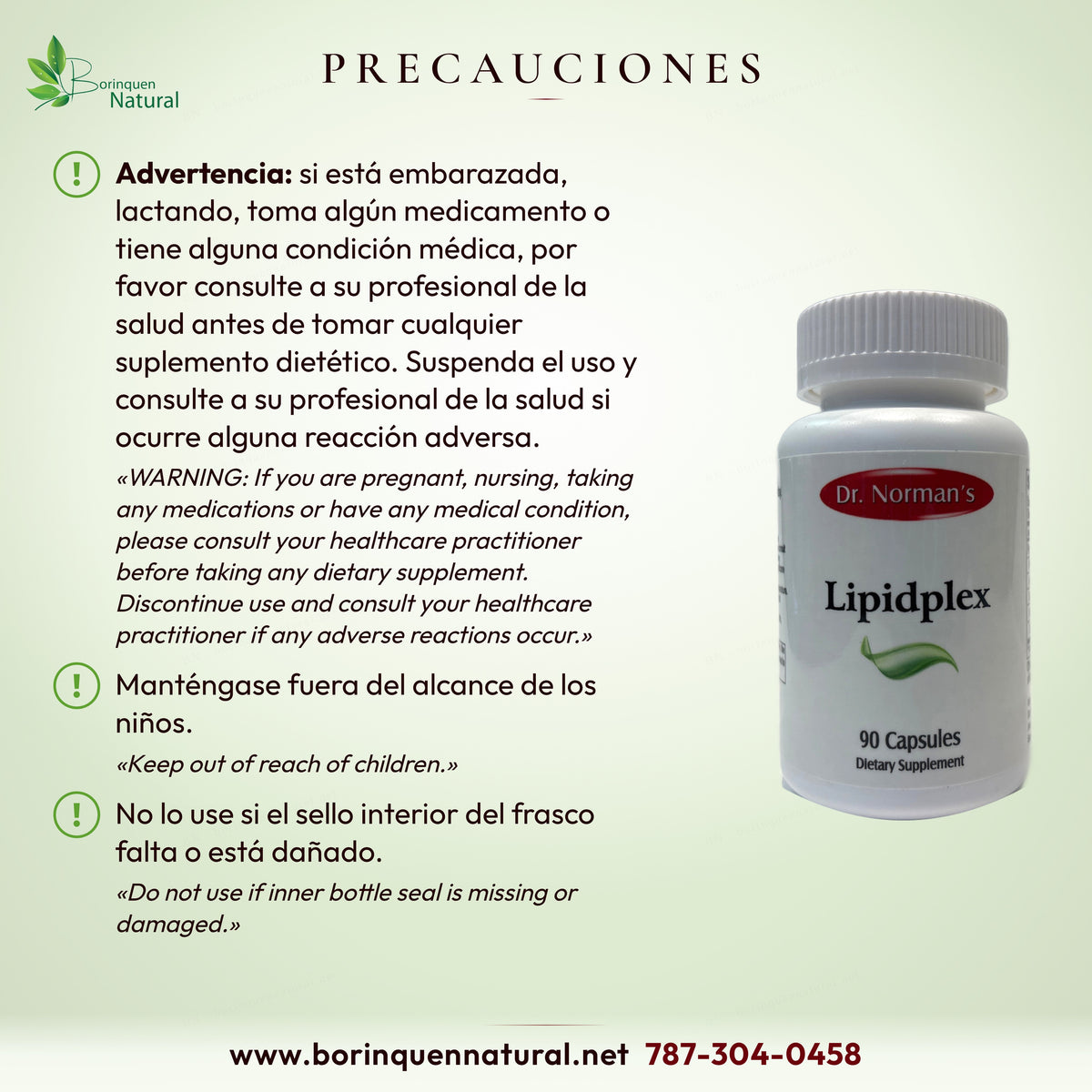 Precauciones de Lipidplex: embarazo, lactancia, medicamentos o condición médica, consulte antes; fuera del alcance de niños