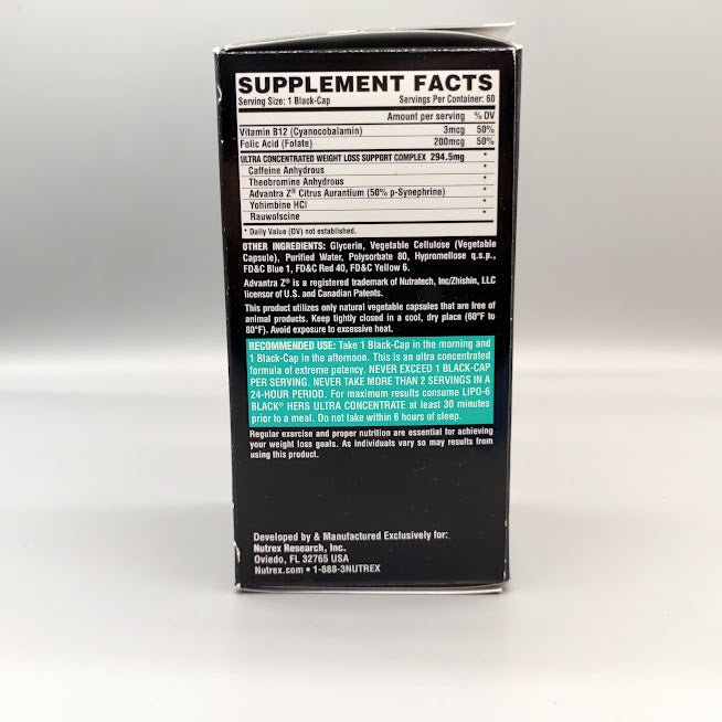 Lipo 6 - Black Hers - Ultra Concentrate - Extreme Weight Loss Support - 60 Black Capsules — etiqueta del producto
