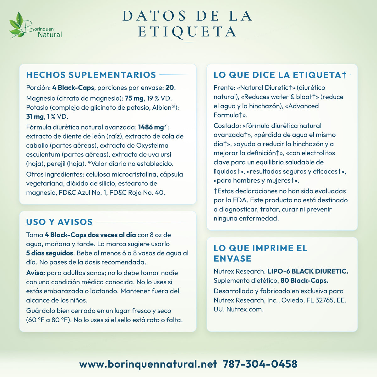 Datos de la etiqueta de Lipo-6 Black Diuretic: hechos suplementarios, frases de la marca, uso y avisos