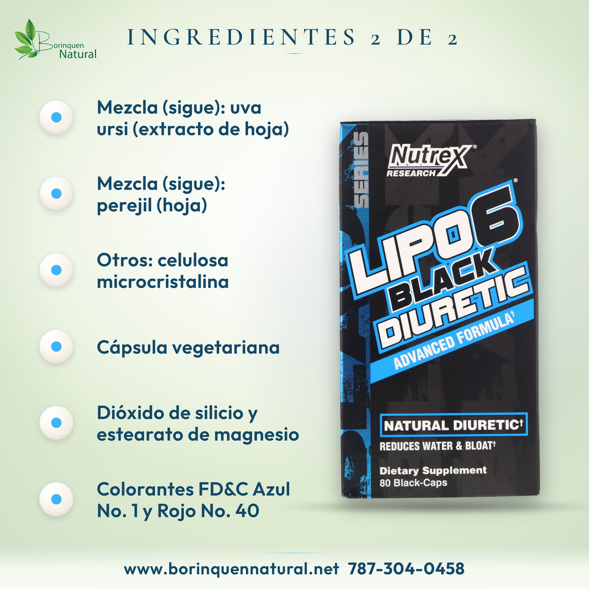 Ingredientes de Lipo-6 Black Diuretic (2 de 2): extracto de uva ursi, perejil y otros ingredientes, con cápsula vegetariana