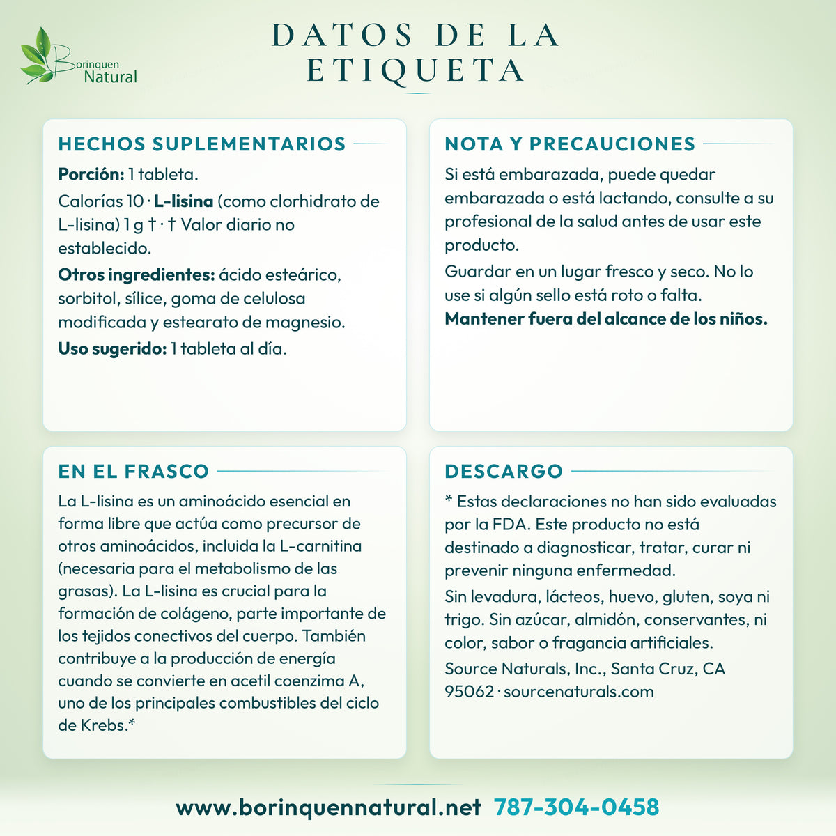 Datos de la etiqueta de la L-lisina de Source Naturals: hechos suplementarios, uso y lo que dice el frasco