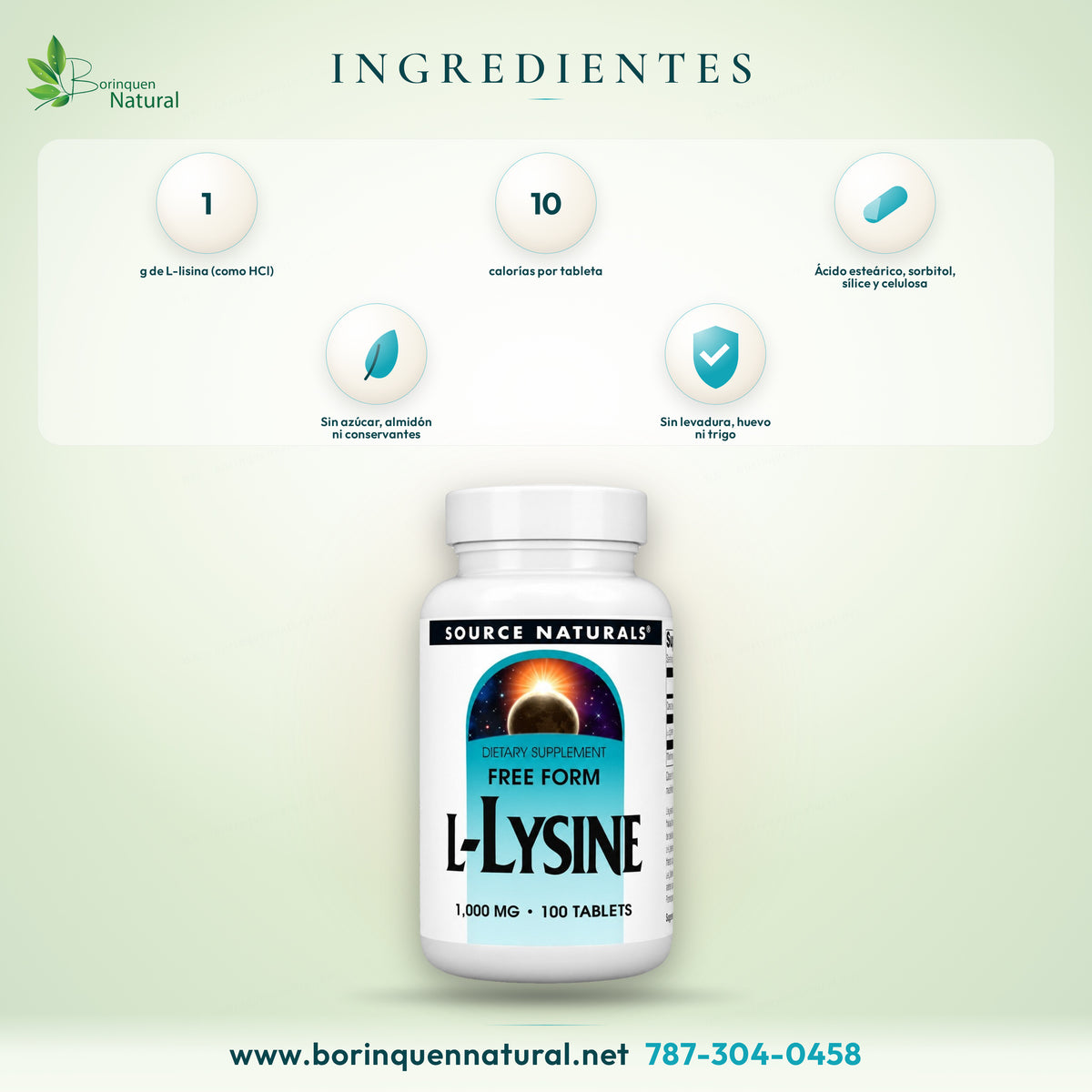 Ingredientes de la L-lisina de Source Naturals: 1 g de L-lisina como clorhidrato de L-lisina