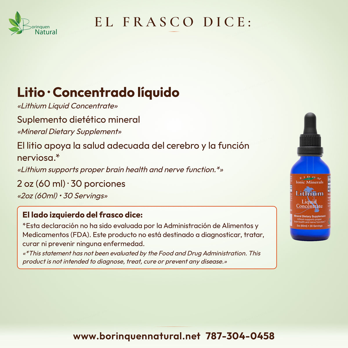 El frasco de Litio Eidon dice: el litio apoya la salud adecuada del cerebro y la función nerviosa; 2 oz (60 ml), 30 porciones