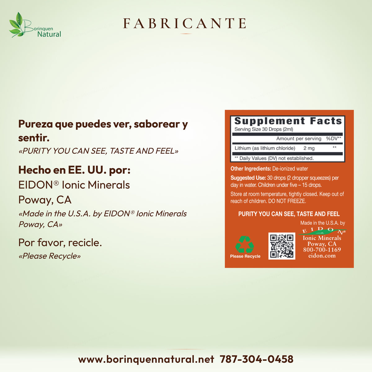 Fabricante del Litio Eidon: hecho en EE. UU. por EIDON® Ionic Minerals, Poway, CA