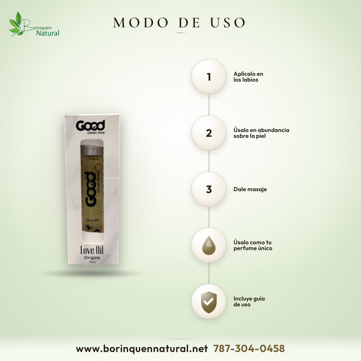 Modo de uso de Love Oil Origins: aplícalo en los labios, úsalo en abundancia y dale masaje; también como perfume