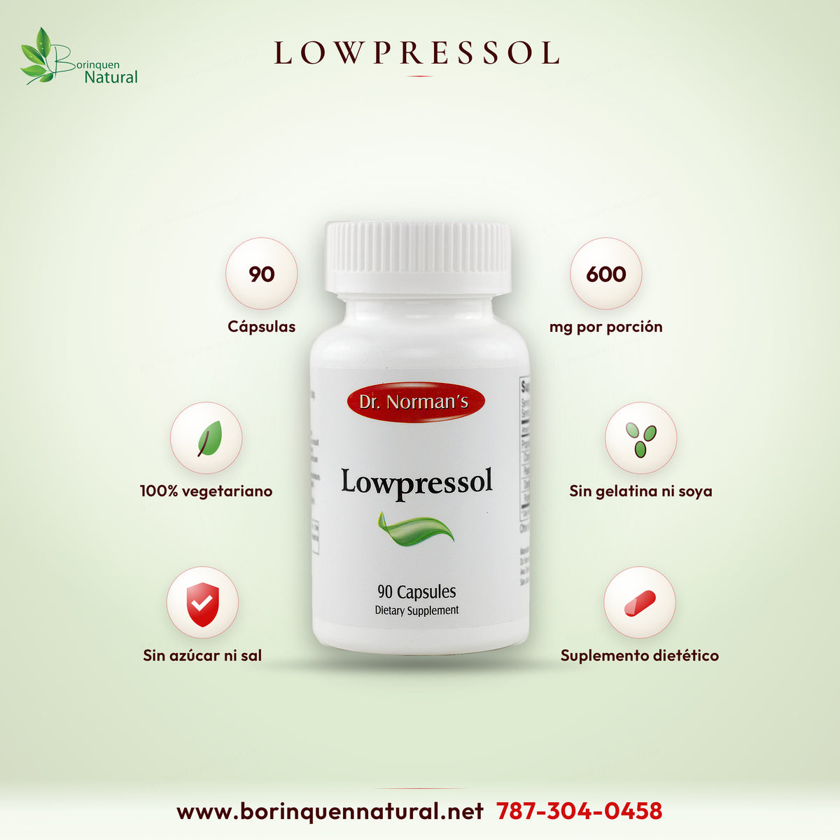 Lowpressol de Dr. Norman's, suplemento dietético de hierbas en 90 cápsulas, producto 100% vegetariano