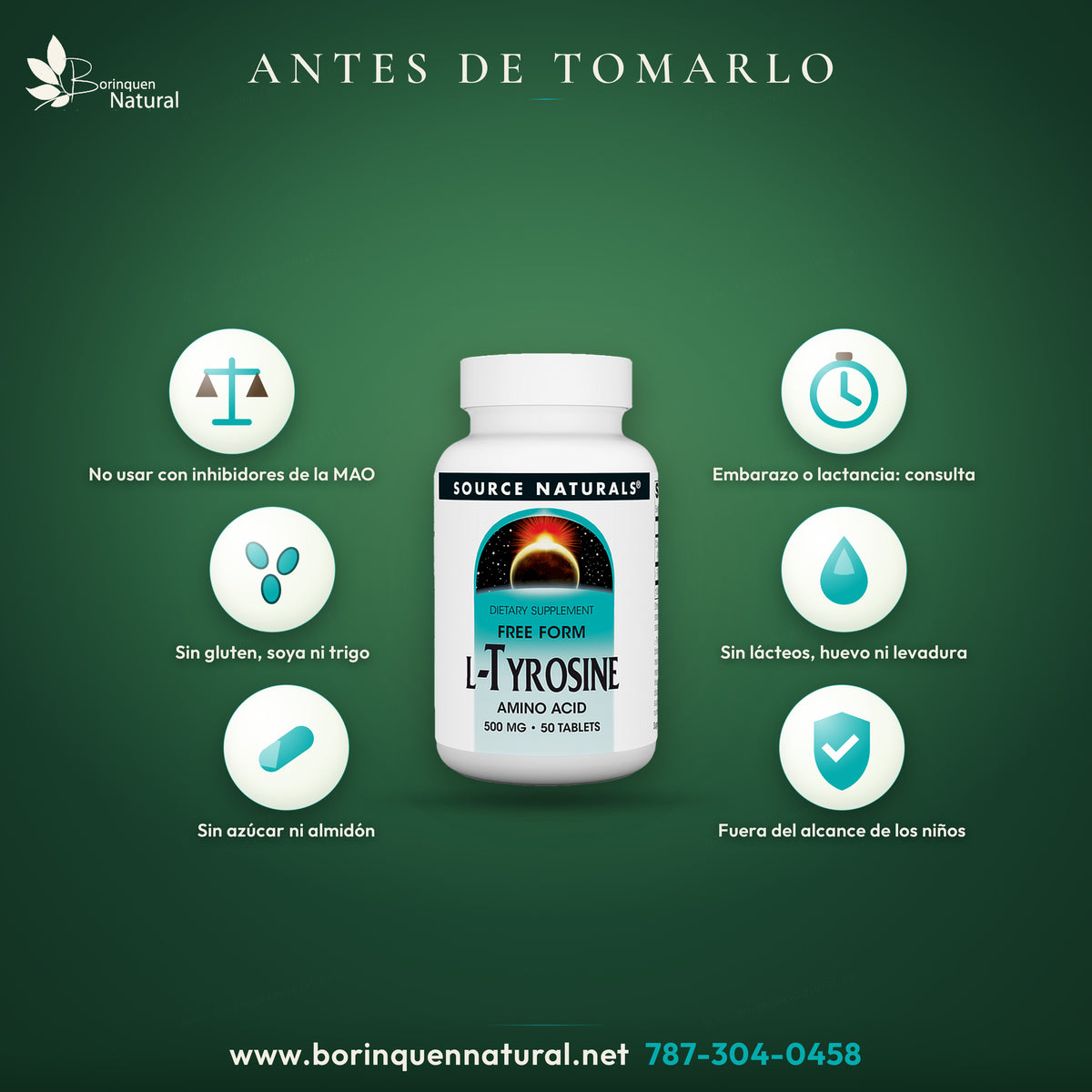 L-Tyrosine de Source Naturals: no usar con medicamentos inhibidores de la MAO; embarazo o lactancia, consultar; sin gluten, soya, lácteos ni trigo