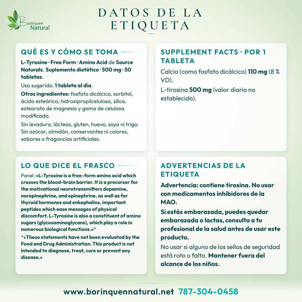 Datos de la etiqueta de L-Tyrosine de Source Naturals: Supplement Facts, modo de uso, lo que dice el frasco y advertencias