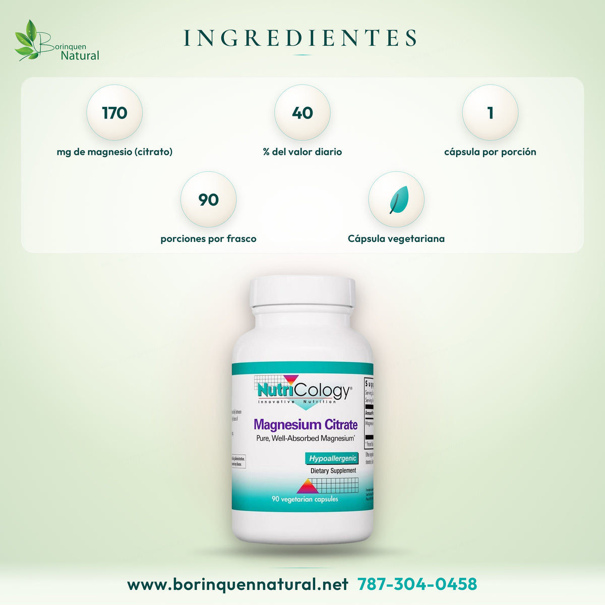 Ingredientes del citrato de magnesio NutriCology: 170 mg de magnesio como citrato y otros ingredientes