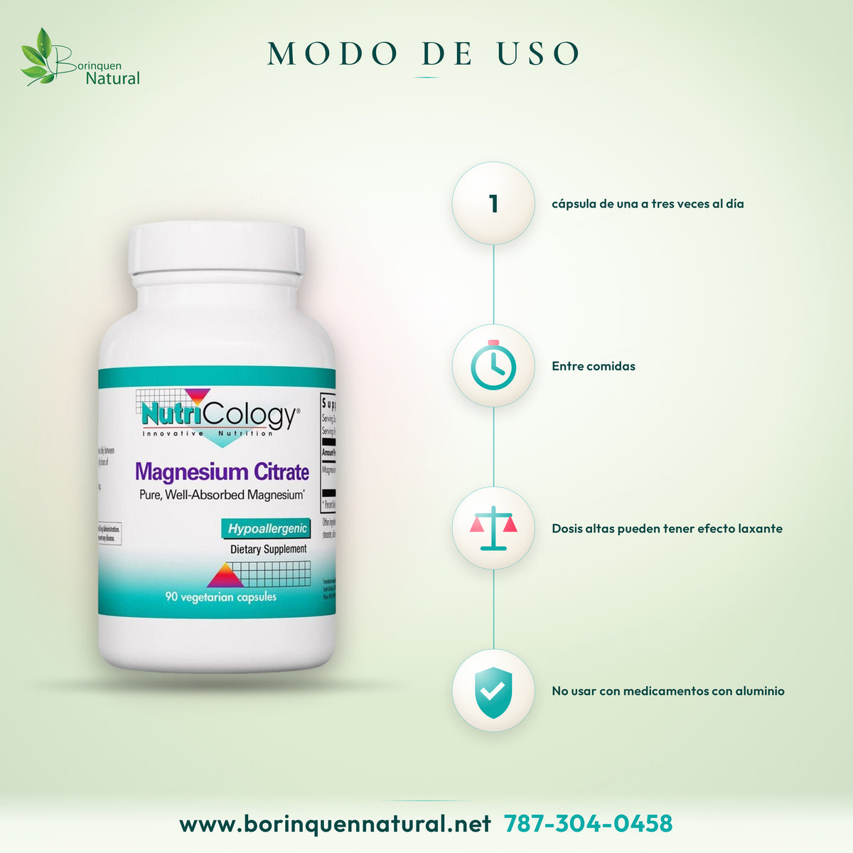 Modo de uso del citrato de magnesio NutriCology: 1 cápsula de una a tres veces al día entre comidas
